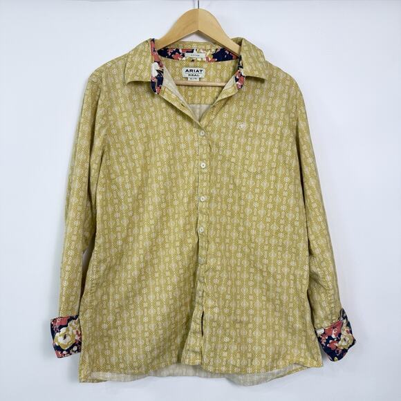 Ariat Fitted Button Up Shirt Womens Size XL‎ Mustard Yellow Geometric Western - Picture 1 of 8